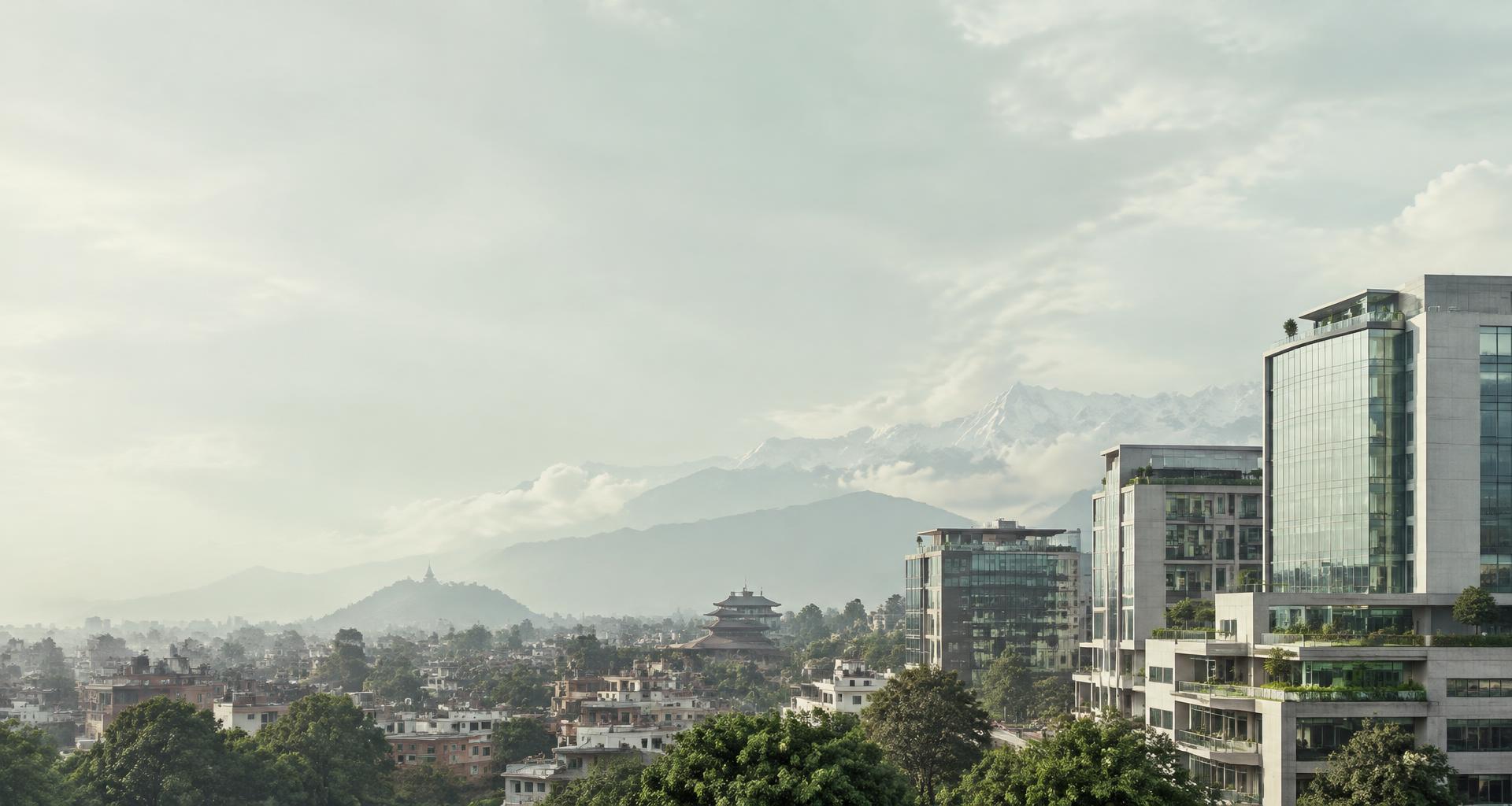 An architectural vision of Kathmandu with modern buildings and Himalayan mountains